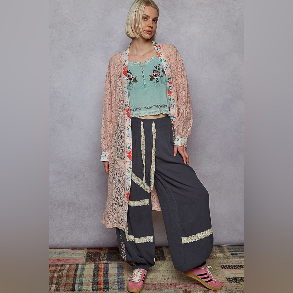 Pink Lace Duster Jacket - Women's Long Openwork Coat